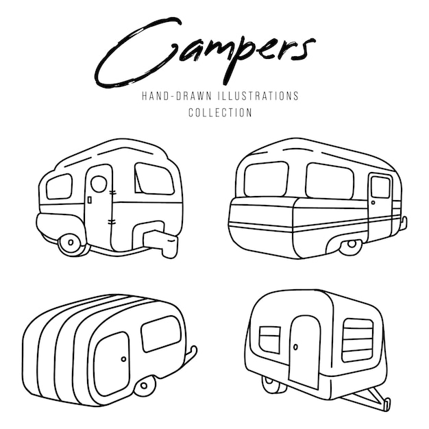 Conjunto de ilustração de campista, acampamento de verão, viagem.