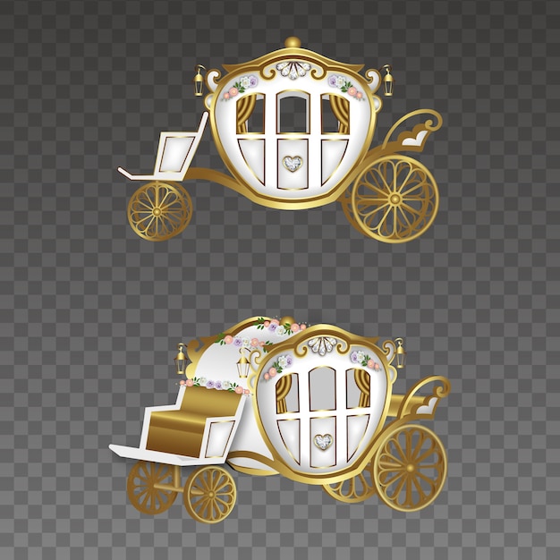 Vetor conjunto de ilustração de carruagens de casamento dourado e branco