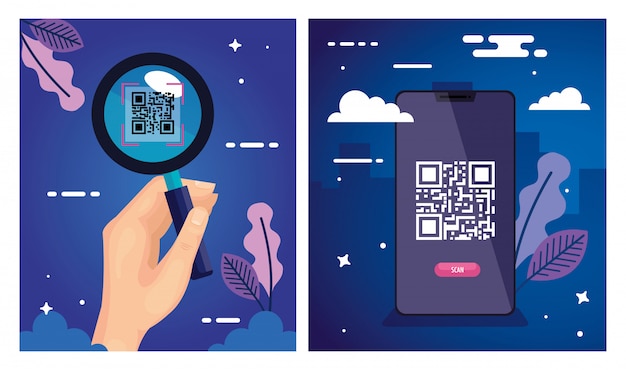 Conjunto de ilustração de código de verificação qr e ilustração de elementos