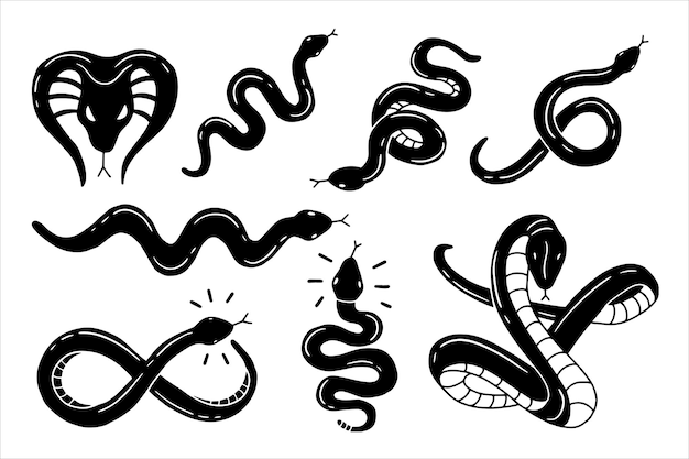 Vetor conjunto de ilustração de coleções de tatuagem preta de cobras