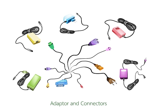 Conjunto de ilustração de computador e adaptador de energia