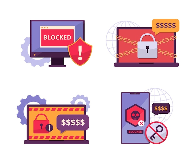 Vetor conjunto de ilustração de conceito de dispositivos digitais de ataque de ransomware.