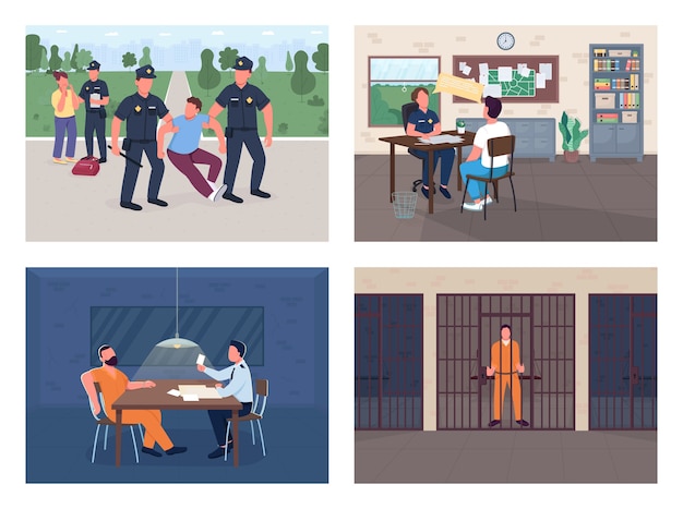 Conjunto de ilustração de cor plana de investigação policial detenção assaltante entrevista a policial vítima testemunha policial e personagens de desenho animado com departamento