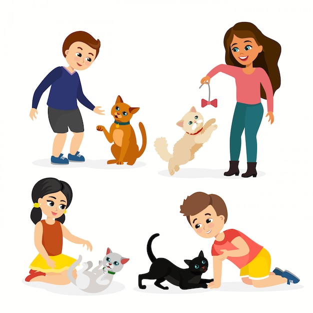 Conjunto de ilustração de crianças e gatos. felizes, engraçadas crianças brincando, amam e cuidando de gatinhos, animais de estimação em estilo cartoon plana.