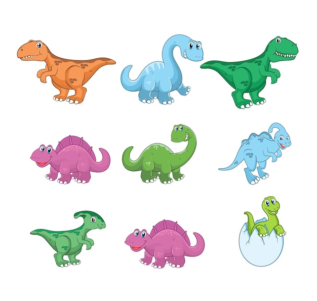 Conjunto de ilustração de desenho animado de dinossauro fofo