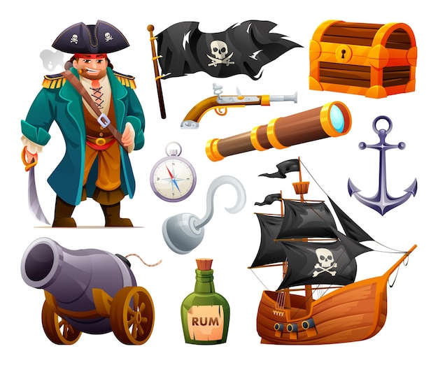 Vetor conjunto de ilustração de desenho animado de elementos piratas baú de tesouro e navio de personagem pirata