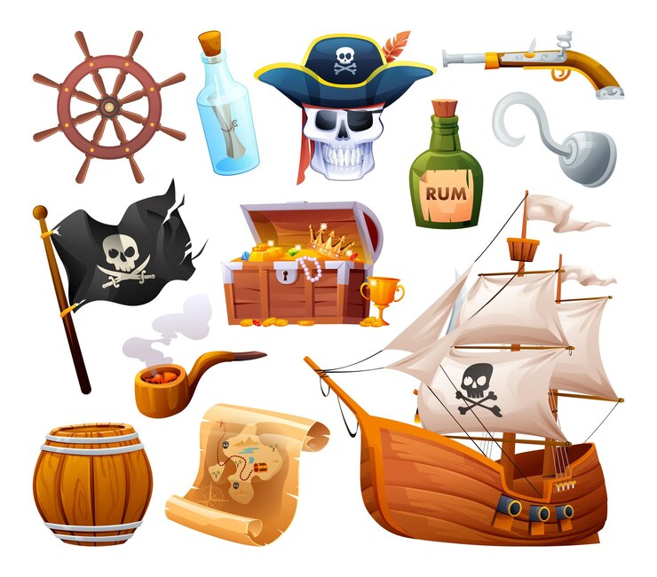 Vetor conjunto de ilustração de desenho animado de objetos piratas isolado em fundo branco
