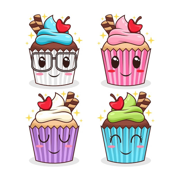 Conjunto de ilustração de desenho animado de personagem de cupcake