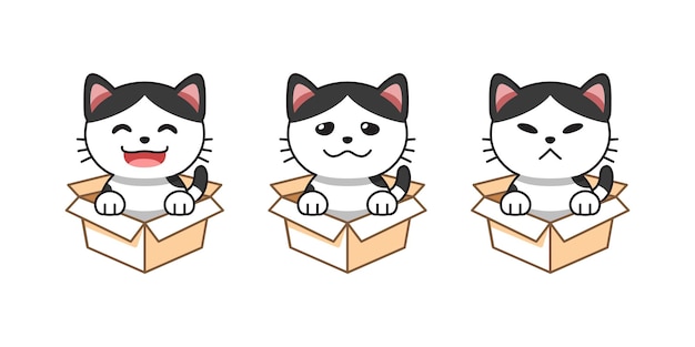 Conjunto de ilustração de desenho vetorial de gato mostrando diferentes emoções em caixas de papelão