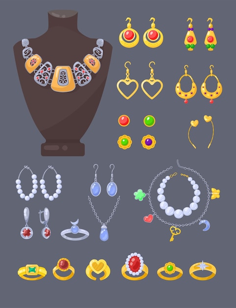 Conjunto de ilustração de desenhos animados de joias de ouro e prata para mulheres. Anéis com diamantes para cerimônia de casamento, brincos de pérolas, acessórios pendentes para noiva e lindo colar com pedras preciosas. Conceito de joalheria