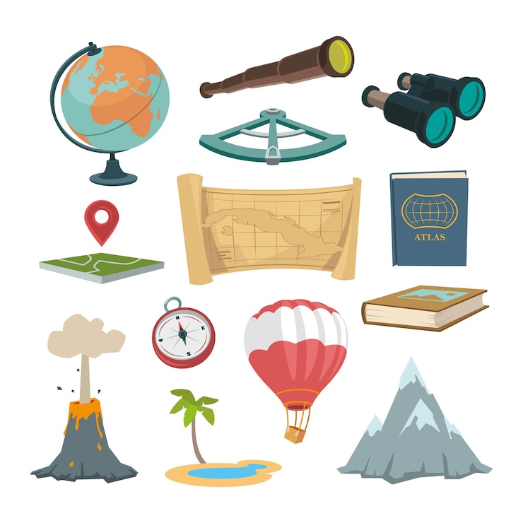 Vetor conjunto de ilustração de desenhos animados de símbolos de exploração do planeta