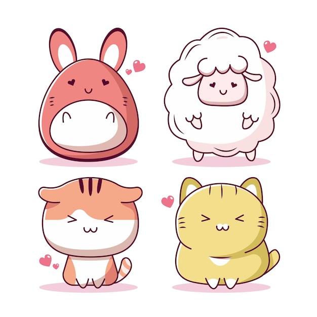 Conjunto de ilustração de doodle de desenho animado de animais kawaii