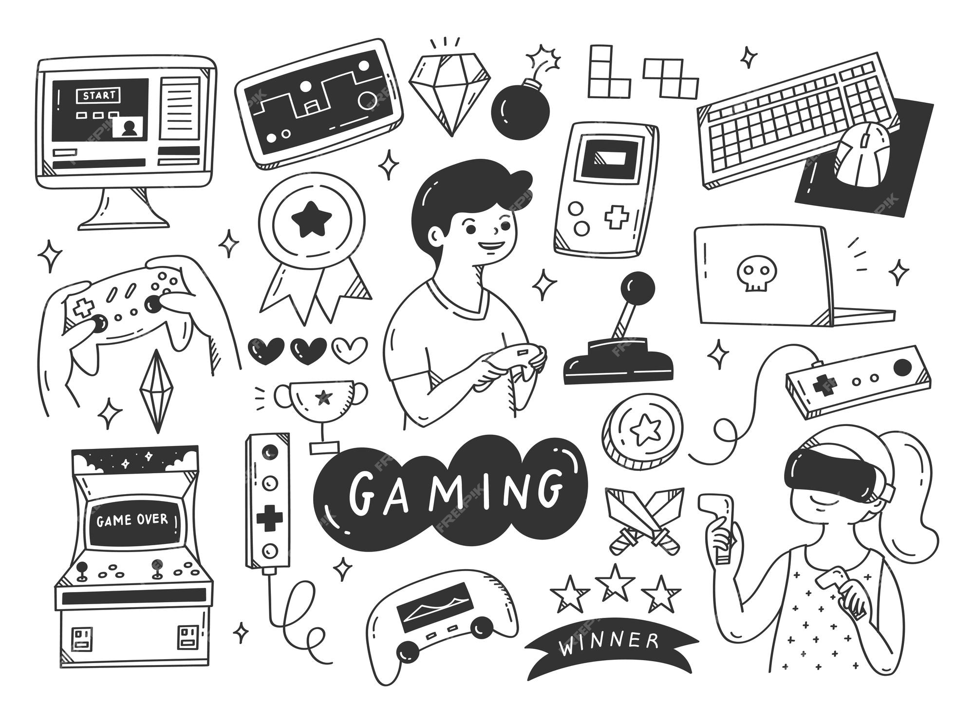 Conjunto de ilustração de doodle de videogame