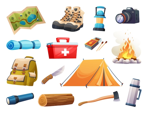 Conjunto de ilustração de equipamentos de camping e caminhadas