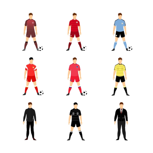 Conjunto de ilustração de equipe do mundo de uniforme de futebol vários