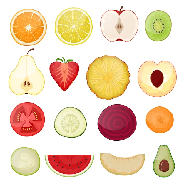 Conjunto de ilustração de frutas cortadas fatias de frutas frescas frutas frutadas laranja limão citrino suculento saudável conjunto de vegetais maduros e frutas tropicais maçã melancia kiwi vitamina