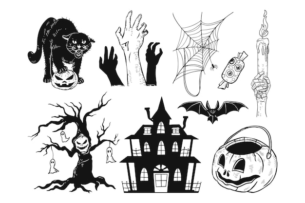 Conjunto de ilustração de halloween desenhada à mão