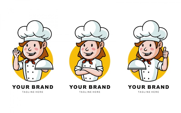 Vetor conjunto de ilustração de logotipo chef dos desenhos animados para restaurante