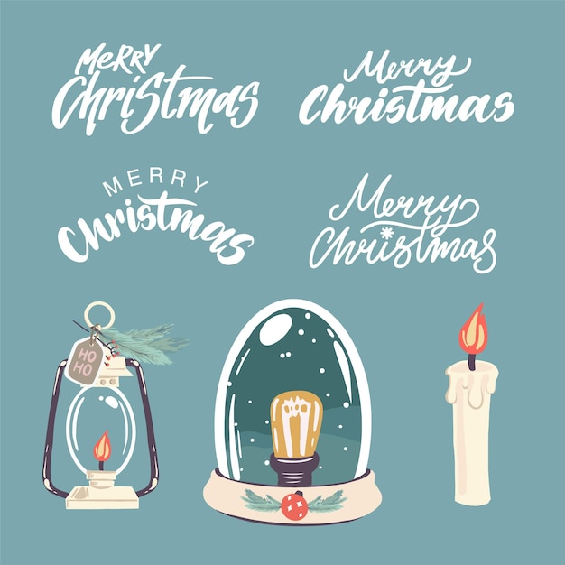 Conjunto de ilustração de luzes de natal, ano novo. letras de feliz natal