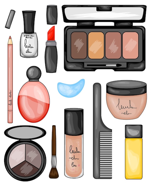 Conjunto de ilustração de maquiagem e cosméticos