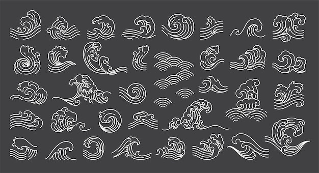 Conjunto de ilustração de ondas orientais onda do japão estilo linear vector