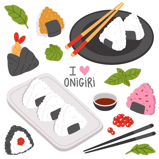 Conjunto de ilustração de onigiri de comida asiática de doodle fofo