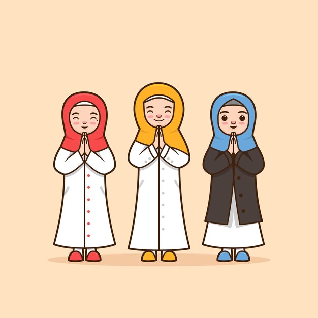 Conjunto de ilustração de personagem feminina muçulmana com lenço hijab ramadhan agradecendo, saudando, pedindo desculpas, despedindo-se, pose com respeito usando as palmas das mãos unidas