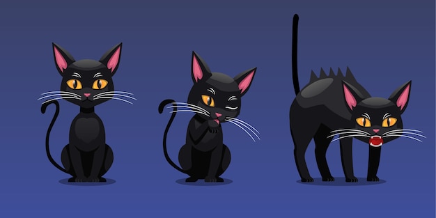 Vetor conjunto de ilustração de personagens de halloween, pose de gato preto sentado e pose de raiva, isolado em fundo gradiente