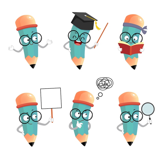 Conjunto de ilustração de personagens de mascote de lápis de desenho animado feliz em diferentes poses e emoções