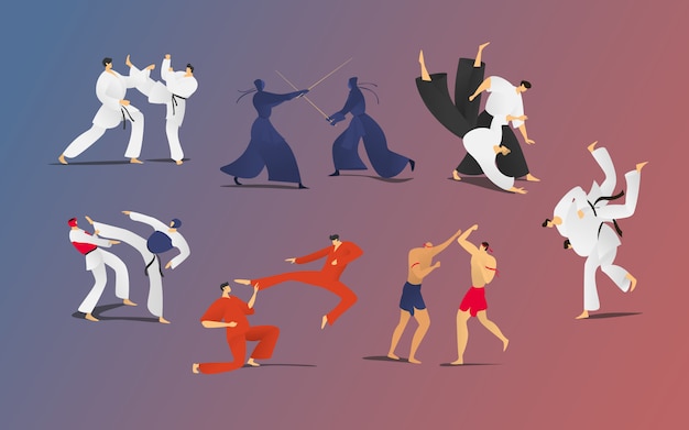 Conjunto de ilustração de pessoas de sparring de batalha marcial, personagens de desenhos animados dois lutador, homens na apresentação de legítima defesa de quimono