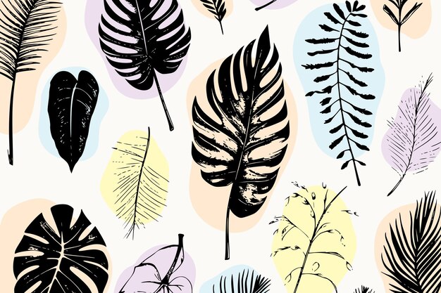 Conjunto de ilustração de plantas tropicais e folhas esboço de esboço de estilo desenhado à mão