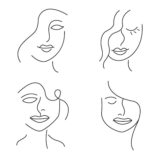 Conjunto de ilustração de rosto de mulher estética de vetor de linha abstrata