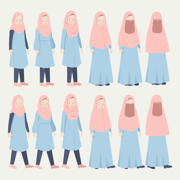 Conjunto de ilustração de roupa diária casual de várias meninas hijab