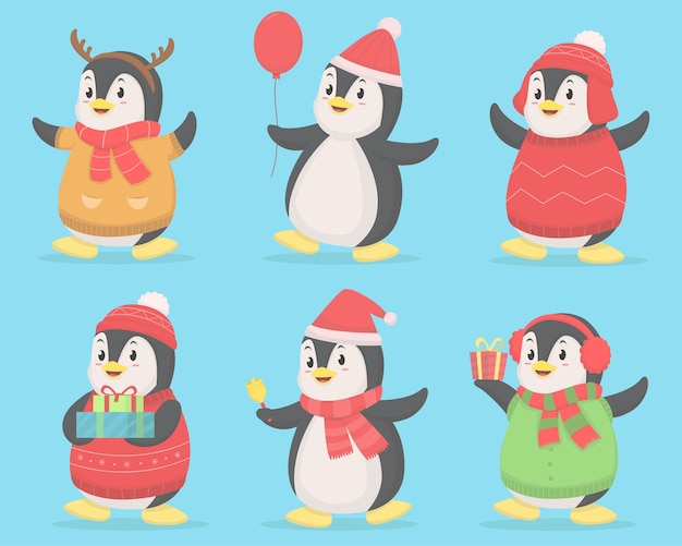 Conjunto de ilustração de tema de natal de pinguim fofo