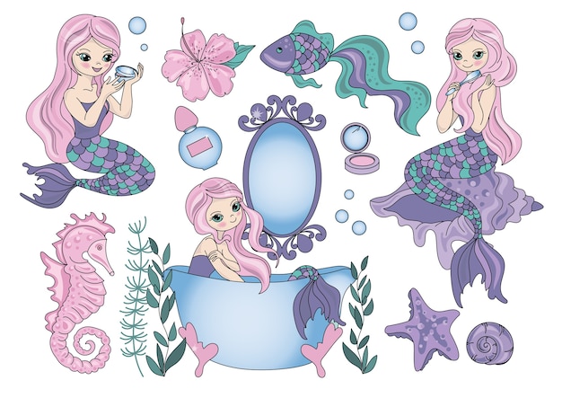 Conjunto de ilustração de vetor de viagens de mar clipart de sereia roxa