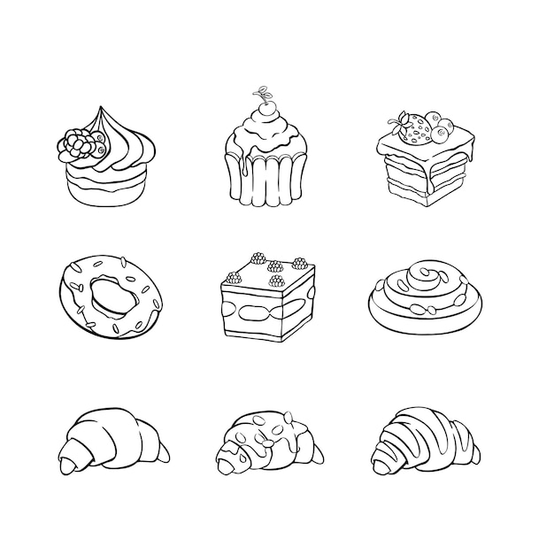 Conjunto de ilustração desenhada à mão de sobremesa de bolo de doces