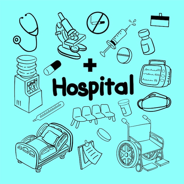 Vetor conjunto de ilustração doodle de equipamento hospitalar