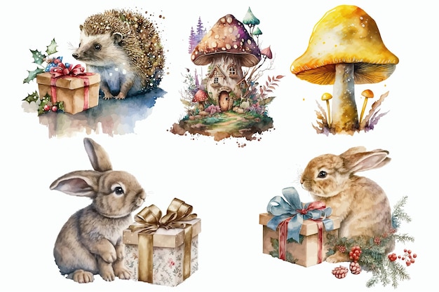 Conjunto de ilustração em aquarela de animais da floresta e ilustração desenhada à mão de decoração de natal isolada no fundo branco no estilo boho