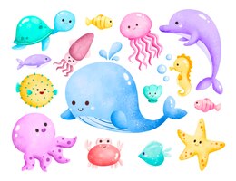 Conjunto de ilustração em aquarela de animais marinhos