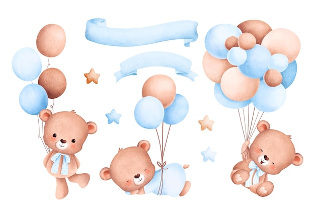 Conjunto de ilustração em aquarela de bebê urso e balões