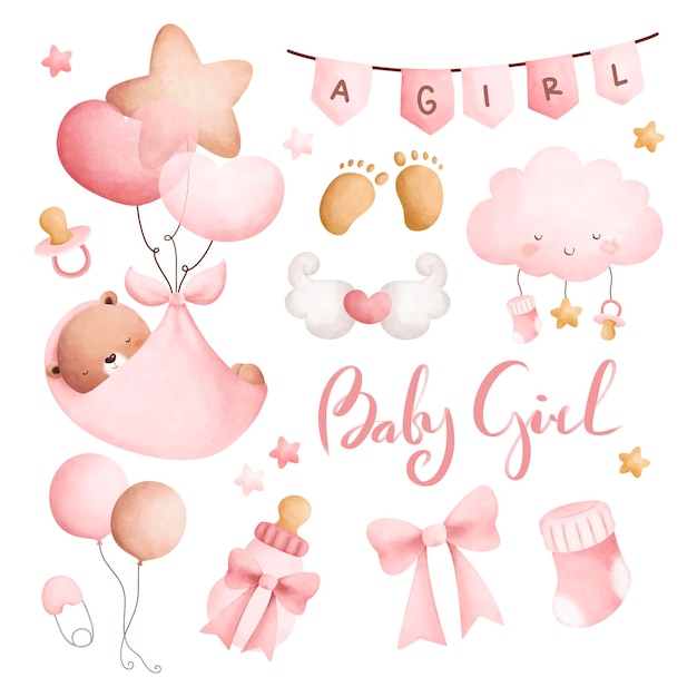 Conjunto de ilustração em aquarela de clipart de berçário para menina