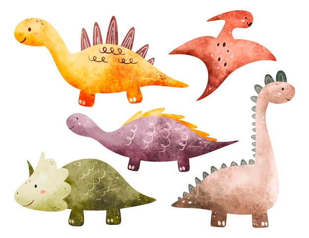 Vetor conjunto de ilustração em aquarela de dinossauros coloridos