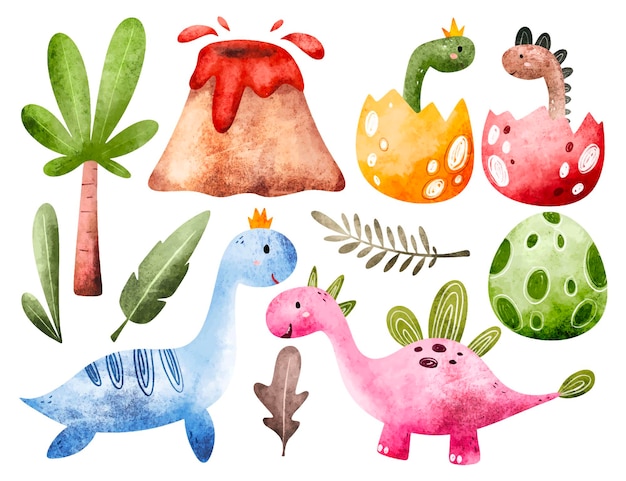 Conjunto de ilustração em aquarela de dinossauros coloridos