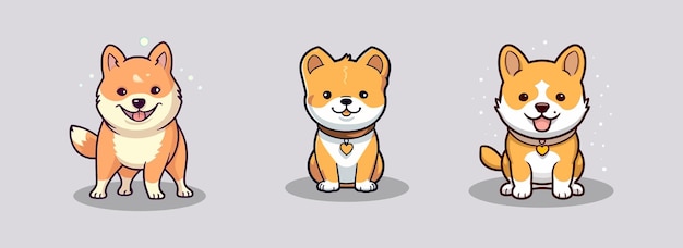 Conjunto de ilustração em vetor de personagem de desenho animado de cão bonito 3 shiba inu