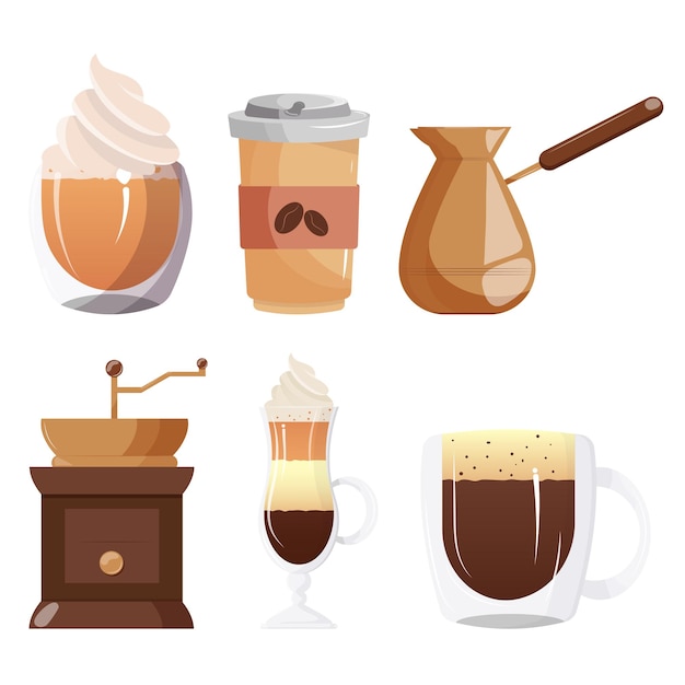 Conjunto de ilustração em vetor ícone de bebidas de café. Copo, creme, takeaway, moedor de café.