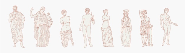 Conjunto de ilustração estética mão desenhada de estátuas de mármore grego. esculturas do corpo humano e elementos arquitetônicos. deuses gregos e mitologia, elementos de design gráfico da Grécia antiga.