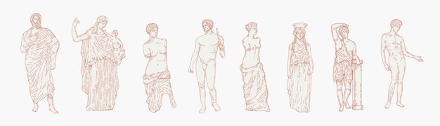 Conjunto de ilustração estética mão desenhada de estátuas de mármore grego. esculturas do corpo humano e elementos arquitetônicos. deuses gregos e mitologia, elementos de design gráfico da grécia antiga.