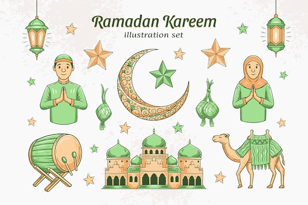 Conjunto de ilustração islâmica desenhada à mão de ramadan kareem vetor de adesivo