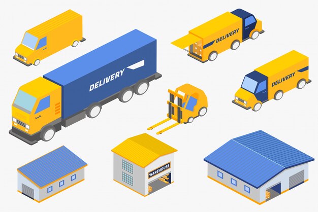 Vetor conjunto de ilustração isométrica de vários veículos de serviço de entrega e edifícios de armazém