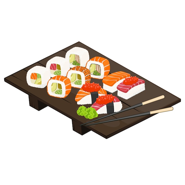 Conjunto de ilustração japonesa de comida de sushi, conjunto de comida asiática